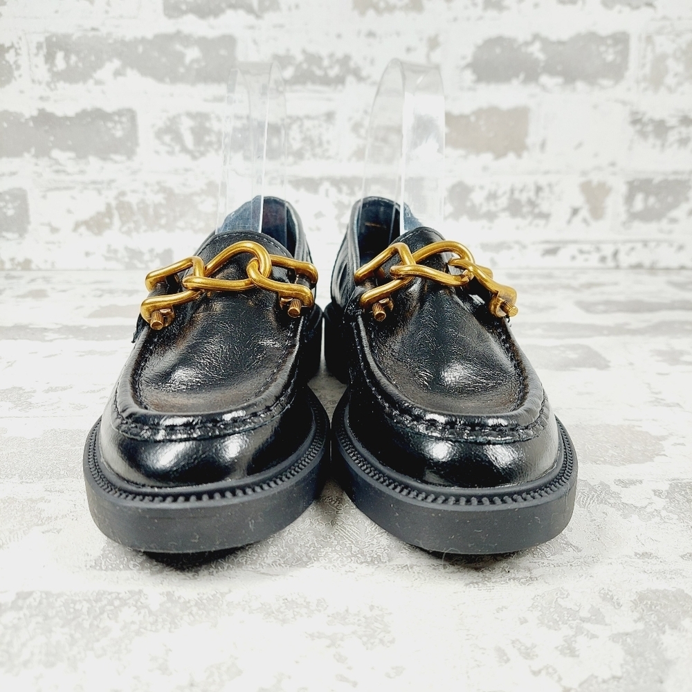New Steve Madden Karmine Gleaming Black Leather Goldtone Hardware Loafer W945 - Picture 3 of 11